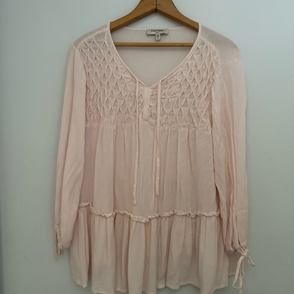 Haute Hippie Pale Pink Smocked Peasant Tunic Boho Feminine Festival Size XL